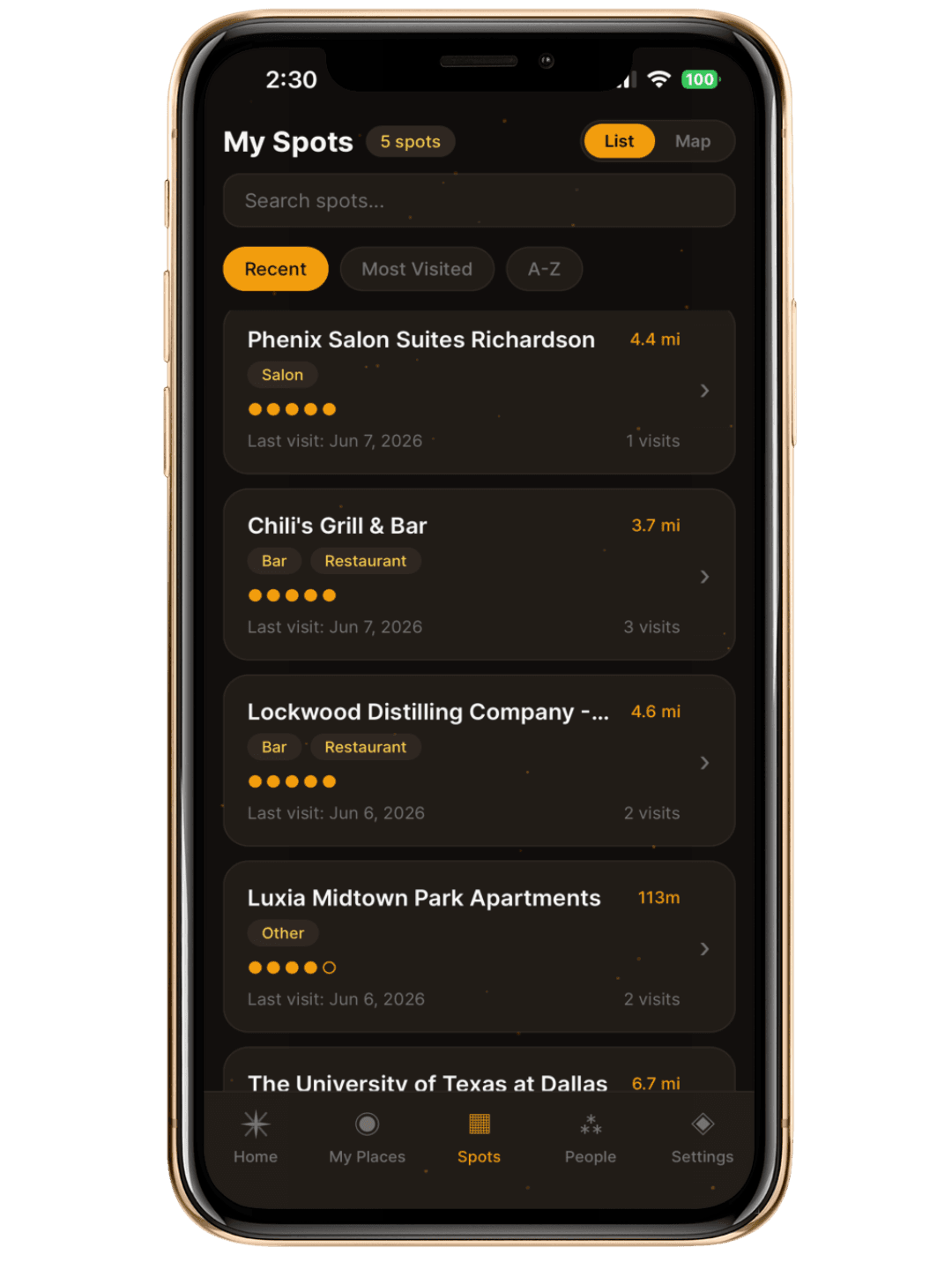 Spots list screen